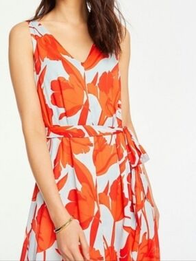 NWT Ann Taylor Tulip Belted Maxi Dress Sz 00P Petite Blue & Red Floral Flowy